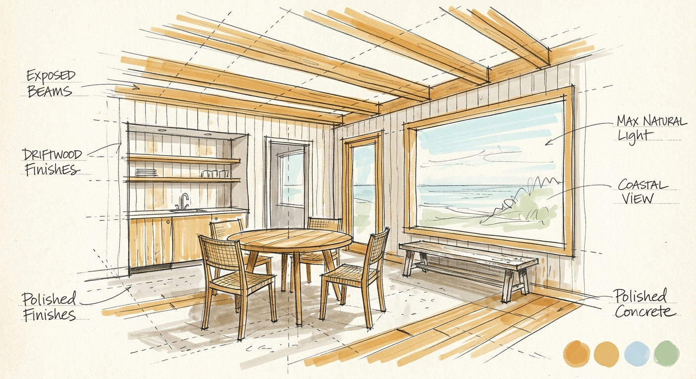 A hand-drawn marker and pencil style concept sketch of a coastal guesthouse dining interior, with labelled annotations for exposed beams, driftwood finishes, polished concrete, maximum natural light, and coastal view.