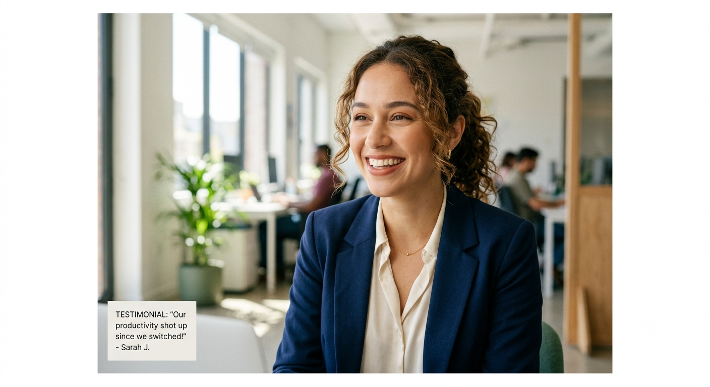 A photorealistic image of a smiling professional woman in an office, captioned with a testimonial reading: our productivity shot up since we switched, attributed to Sarah J.