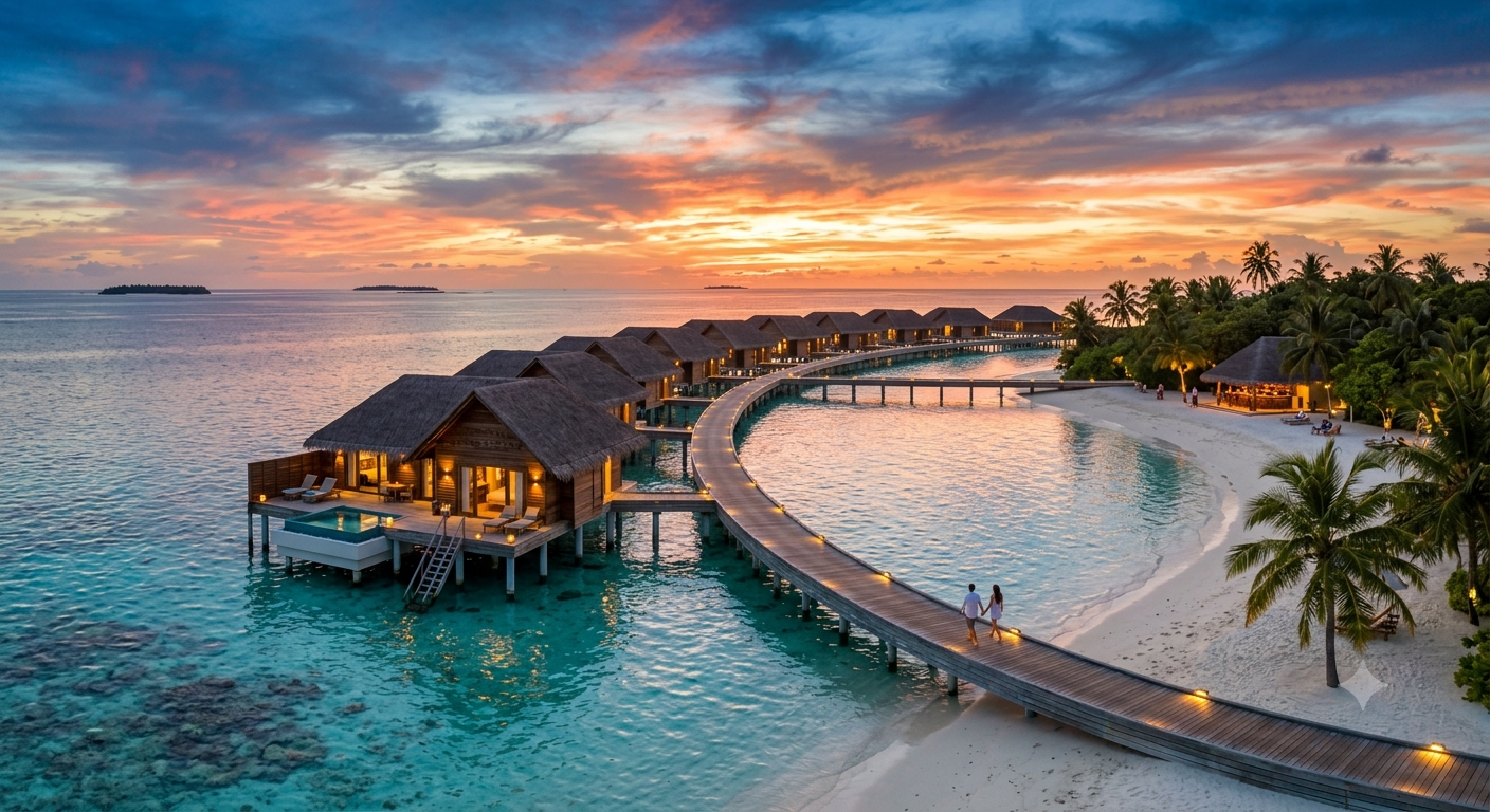 A photorealistic aerial view of overwater bungalows at a Maldivian resort at sunset, with a couple walking along a jetty.