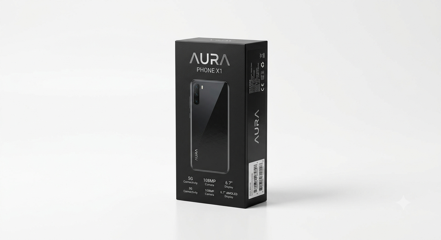 A photorealistic product box for a fictional smartphone called Aura Phone X1, showing specifications and packaging design.