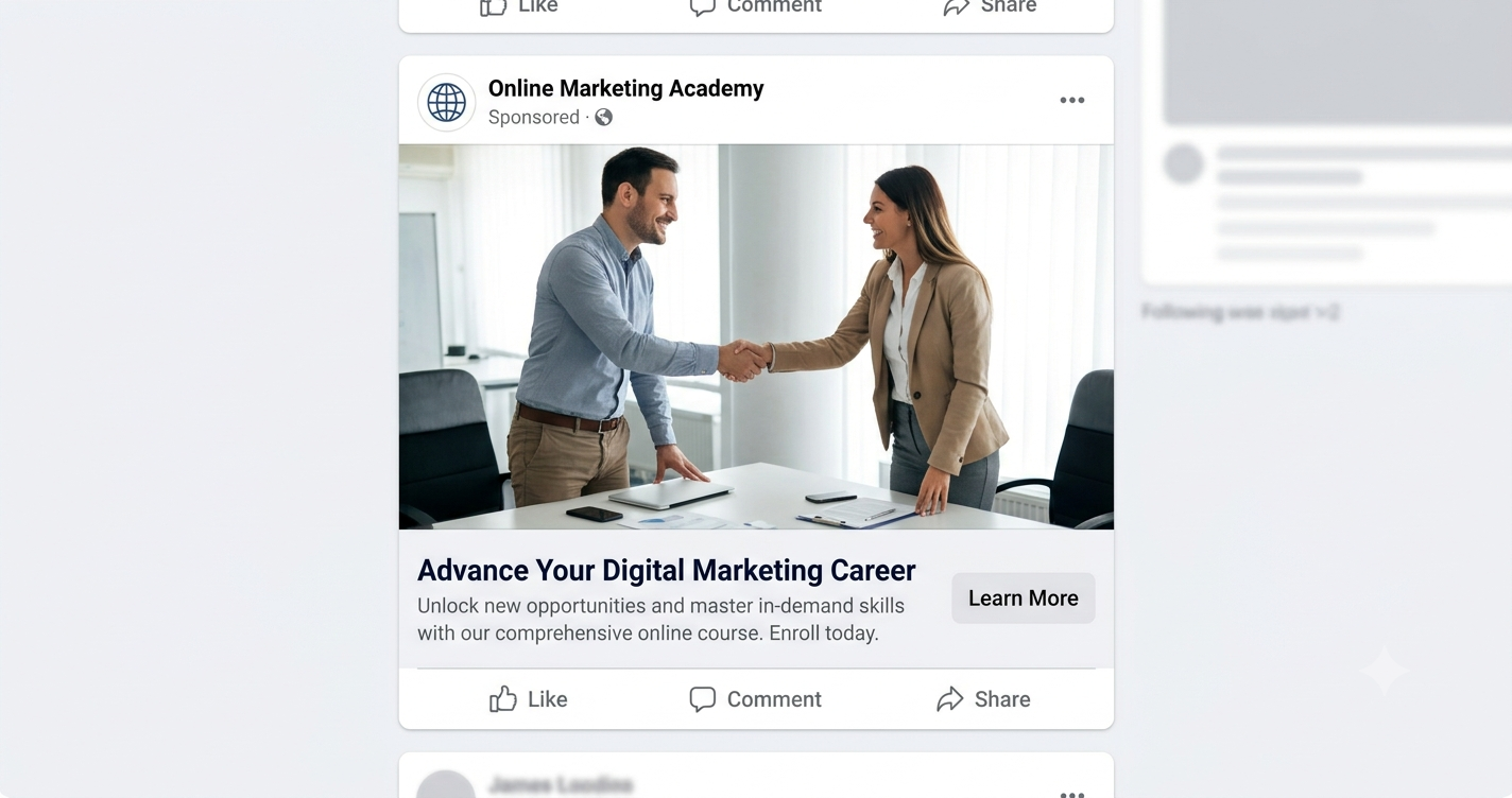 A Facebook feed advertisement showing two people shaking hands in an office, above the vague headline Advance Your Digital Marketing Career and a low-contrast grey Learn More button.