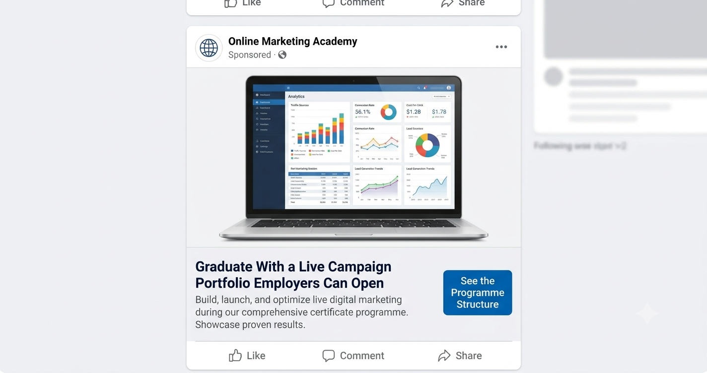 A Facebook feed advertisement showing a laptop displaying a colourful analytics dashboard, above the bold headline Graduate With a Live Campaign Portfolio Employers Can Open and a high-contrast blue See the Programme Structure button.