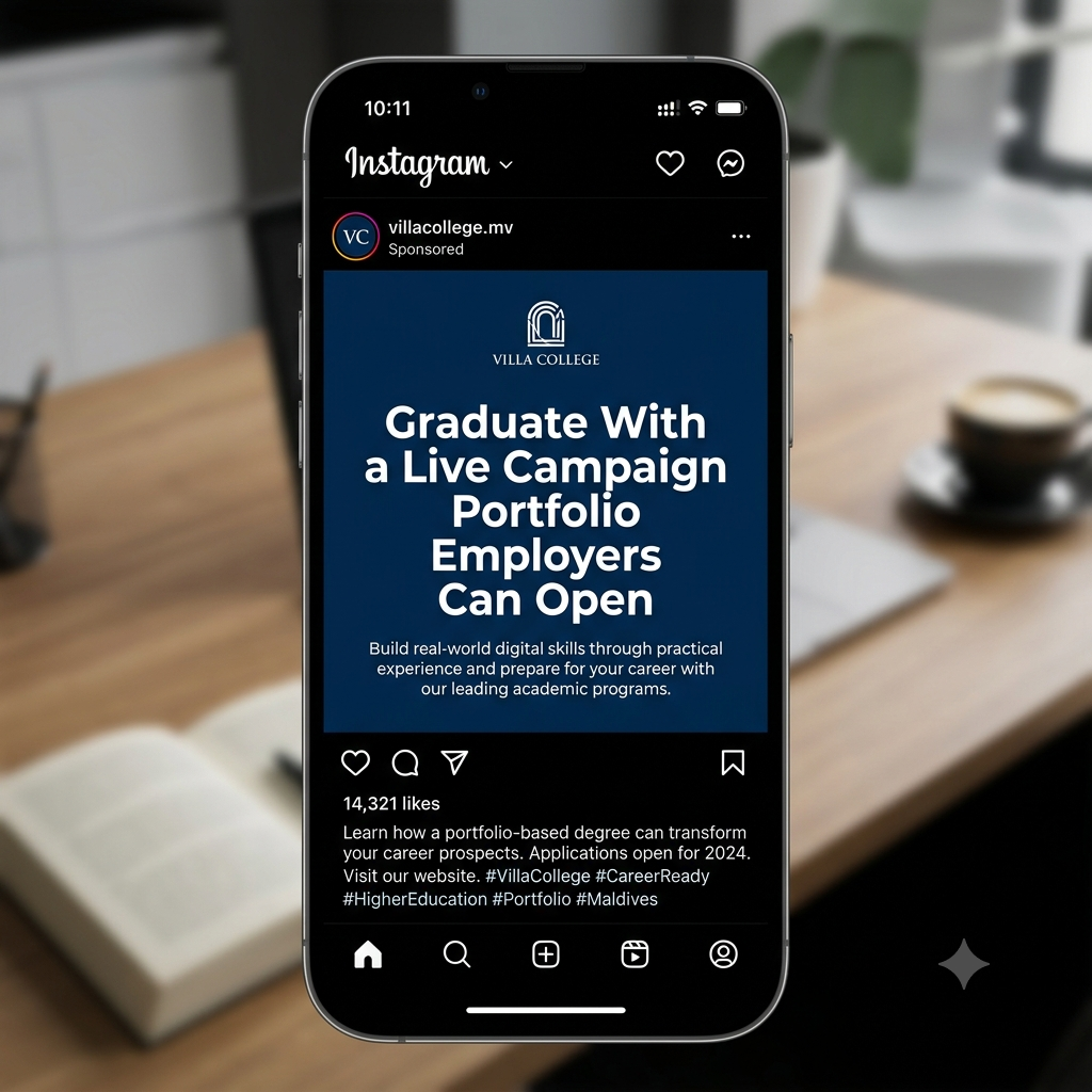 An Instagram feed asset on a dark navy background with a small institutional Villa College mark and a large white headline reading Graduate With a Live Campaign Portfolio Employers Can Open.