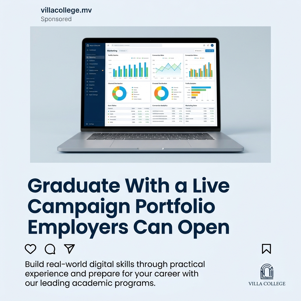 An Instagram feed asset on a light background showing a laptop with an analytics dashboard above a bold navy headline reading Graduate With a Live Campaign Portfolio Employers Can Open.