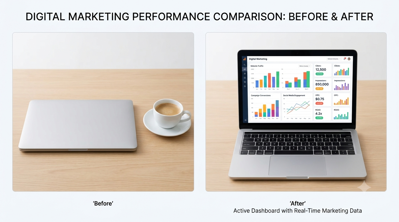 A before-and-after comparison. Before: a closed laptop and a coffee cup on a desk, carrying no connection to any specific claim. After: a laptop screen actively displaying a marketing analytics dashboard with charts and campaign numbers.