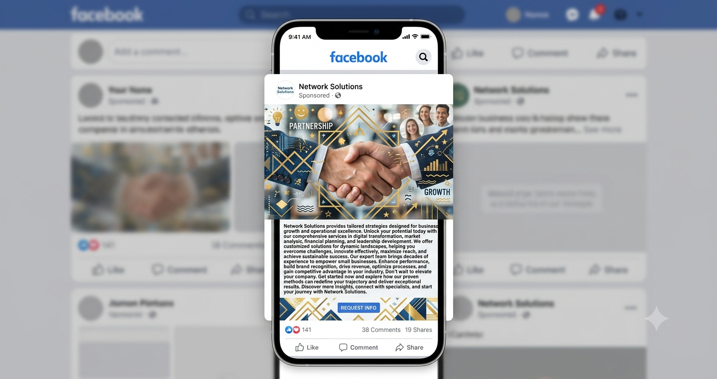 A Facebook feed advertisement dominated by a busy decorative collage of a handshake surrounded by icons and gold flourishes, above a dense paragraph of small body text with a small blue Request Info button.