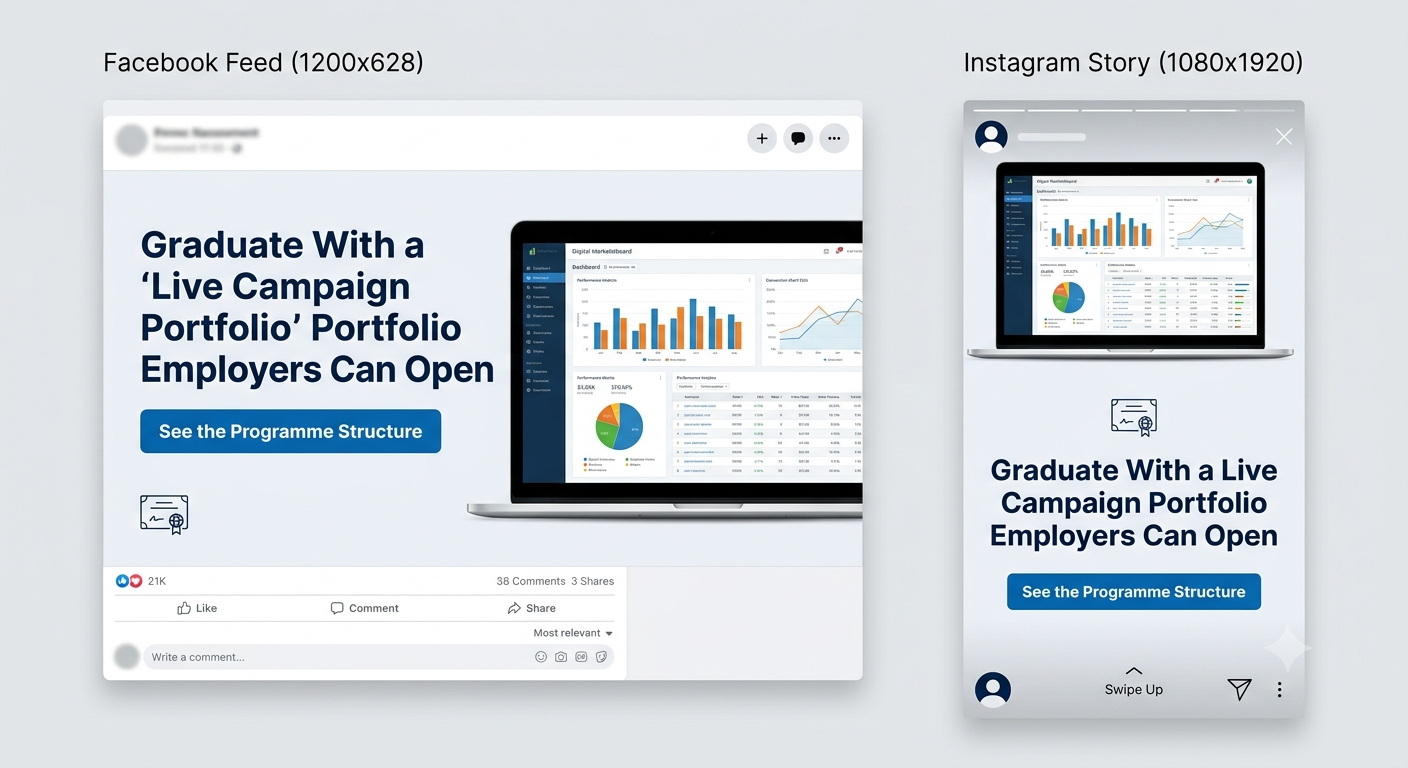 Two versions of the same campaign asset side by side. Left, a Facebook Feed layout at 1200 by 628 pixels with the headline and call-to-action button beside a laptop dashboard image. Right, an Instagram Story layout at 1080 by 1920 pixels with the dashboard image, headline, and call-to-action button restacked vertically within the safe zone.