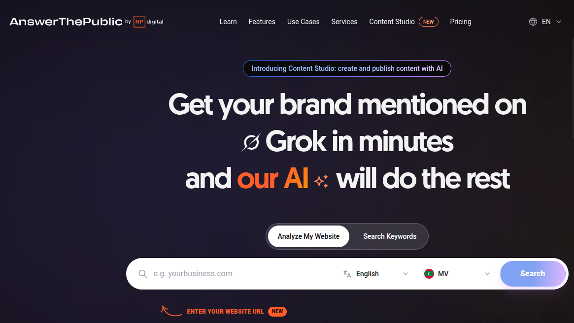 Screenshot of the AnswerThePublic tool homepage showing the keyword entry field used to generate a question and comparison map.