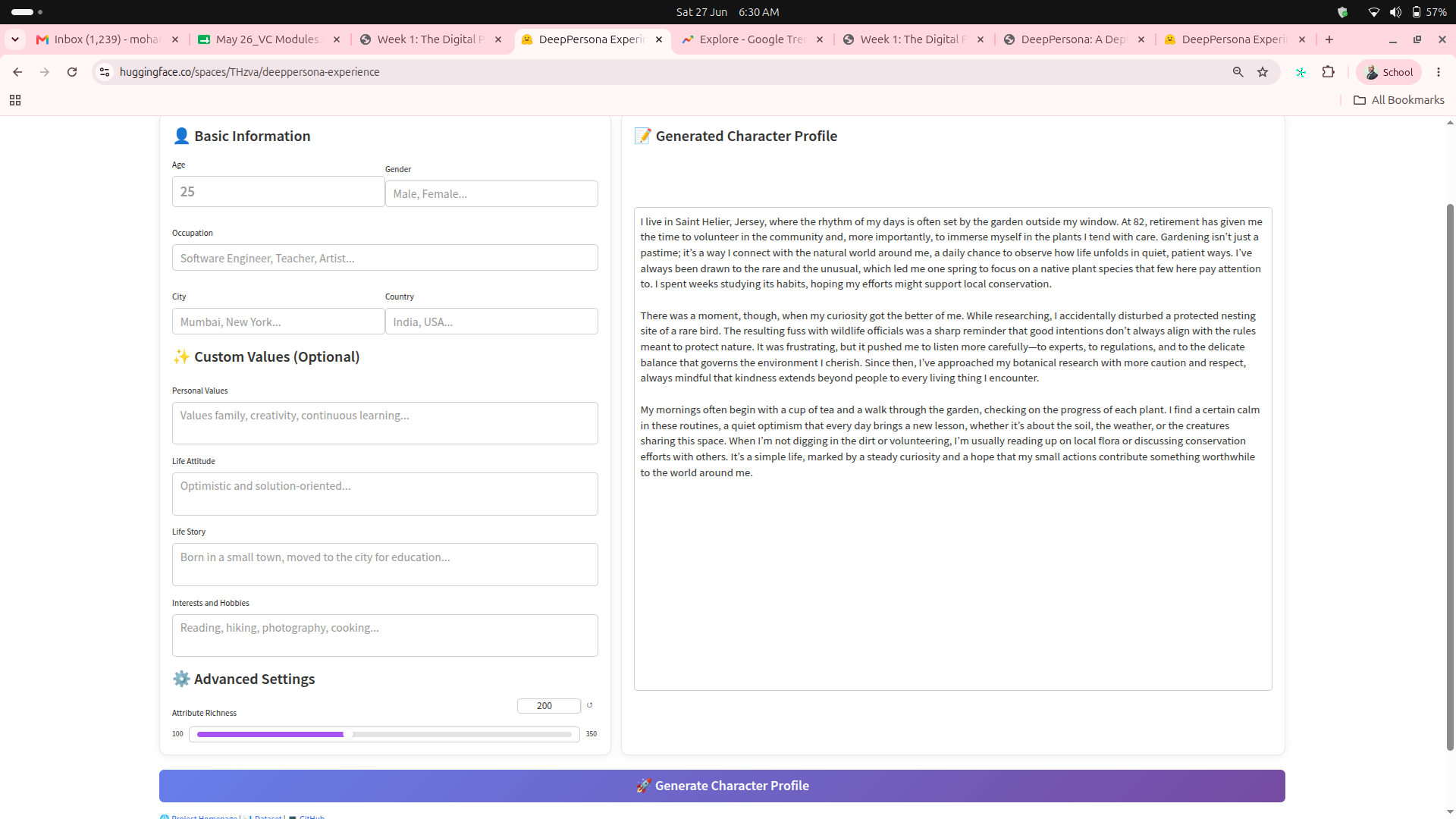 Screenshot of the DeepPersona tool. The left panel shows form fields: Age, Gender, Occupation, City, Country, and optional Custom Values fields for Personal Values, Life Attitude, Life Story, and Interests and Hobbies. The right panel shows a multi-paragraph Generated Character Profile narrative.