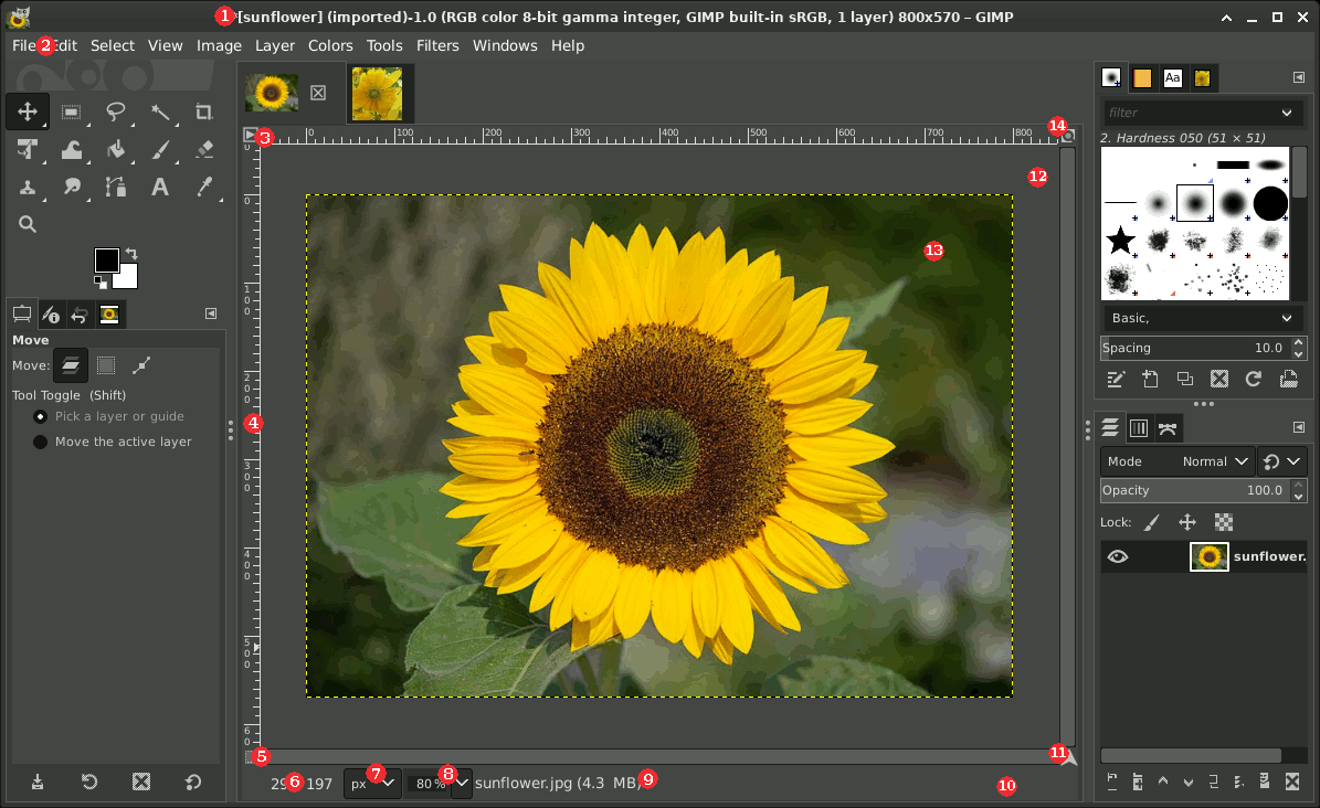 Screenshot of the GIMP image editing application showing the main window, toolbox on the left, image canvas in the centre, and layers panel on the right.