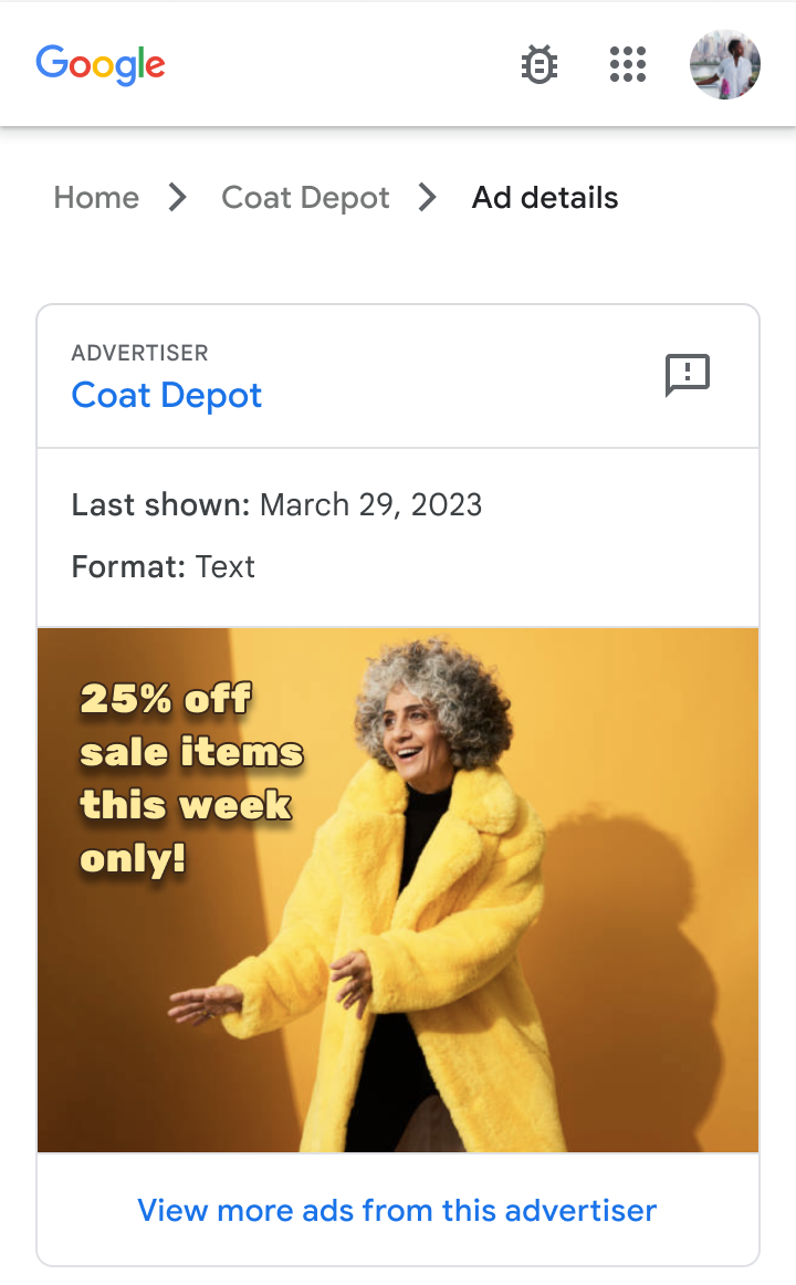 Screenshot of Google Ads Transparency Center displaying active search ads with advertiser details, ad copy, and impression data.