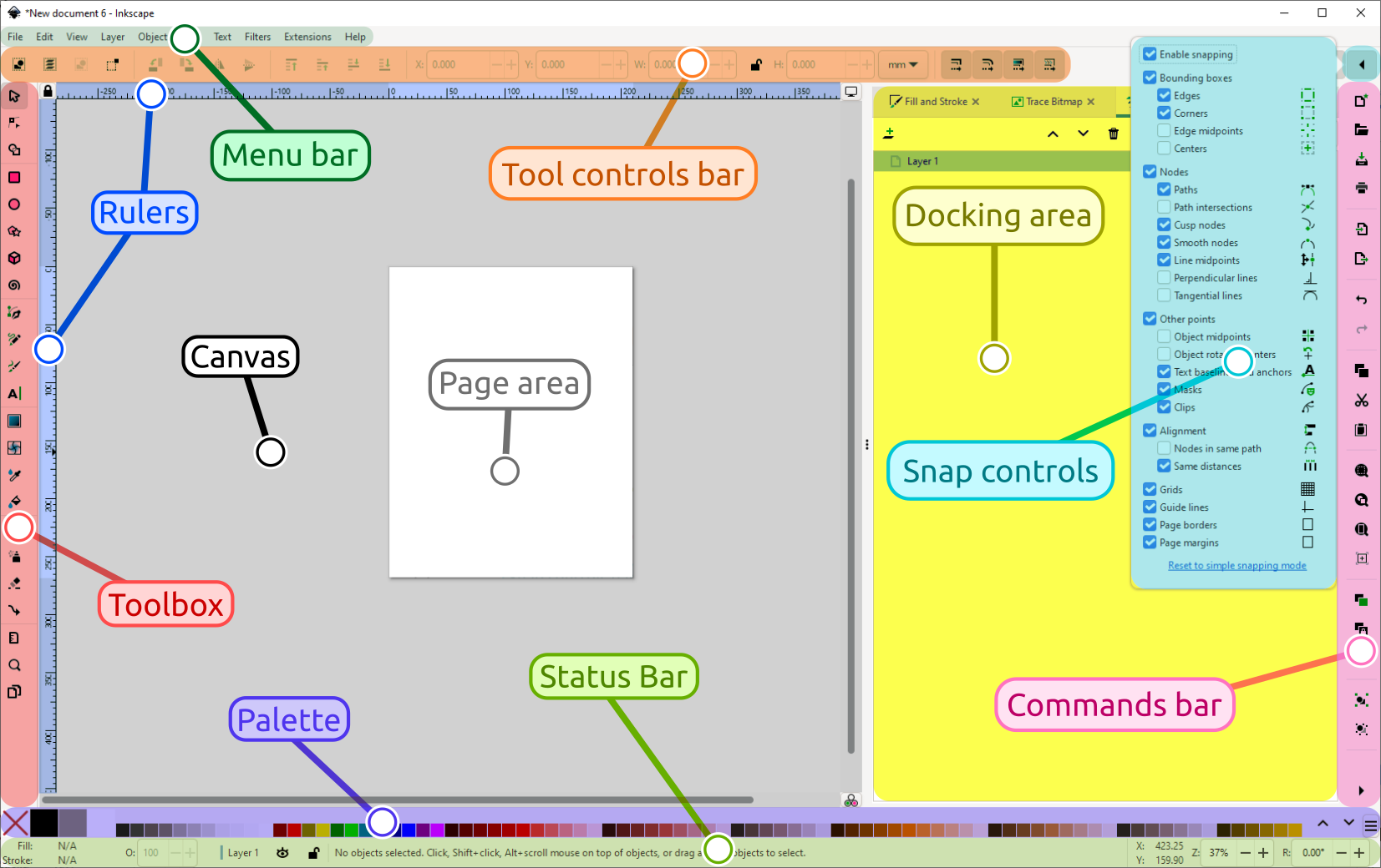 Screenshot of Inkscape showing the vector editing canvas with toolbox on the left, properties panel on the right, and an SVG document open for editing.