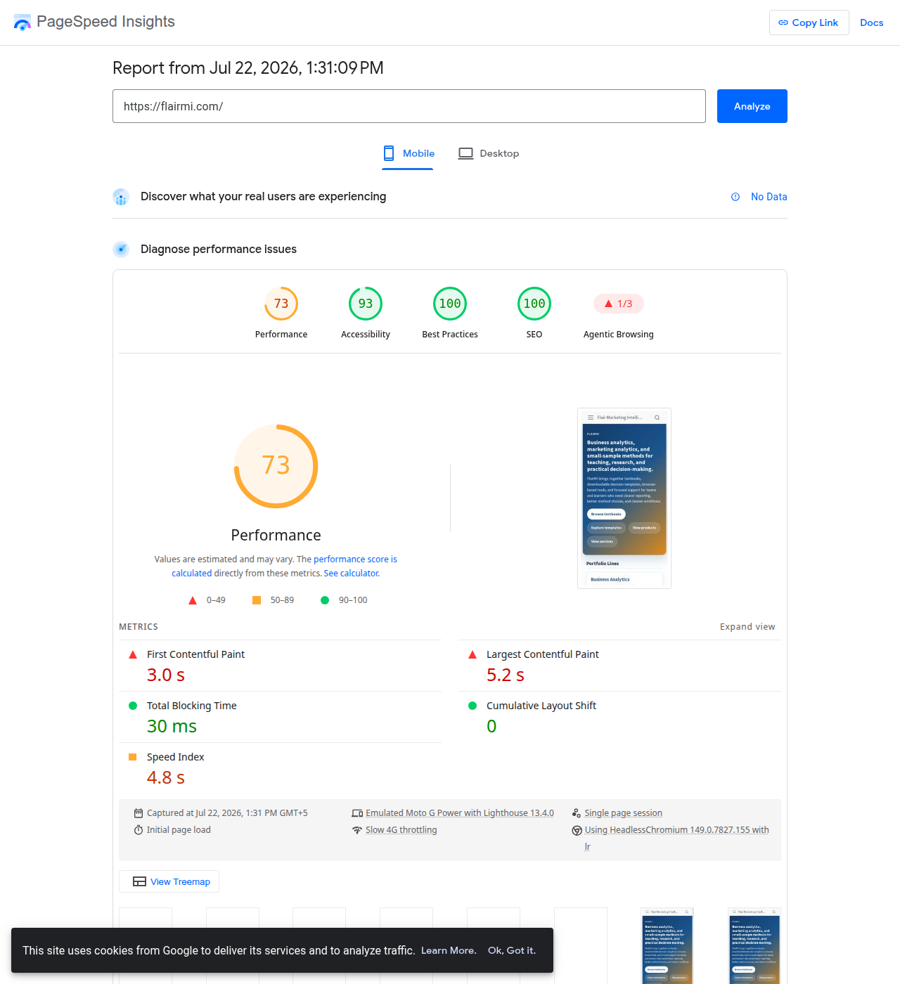 Google PageSpeed Insights results for flairmi.com showing a performance score of 73 alongside a failing Largest Contentful Paint metric of 5.2 seconds.