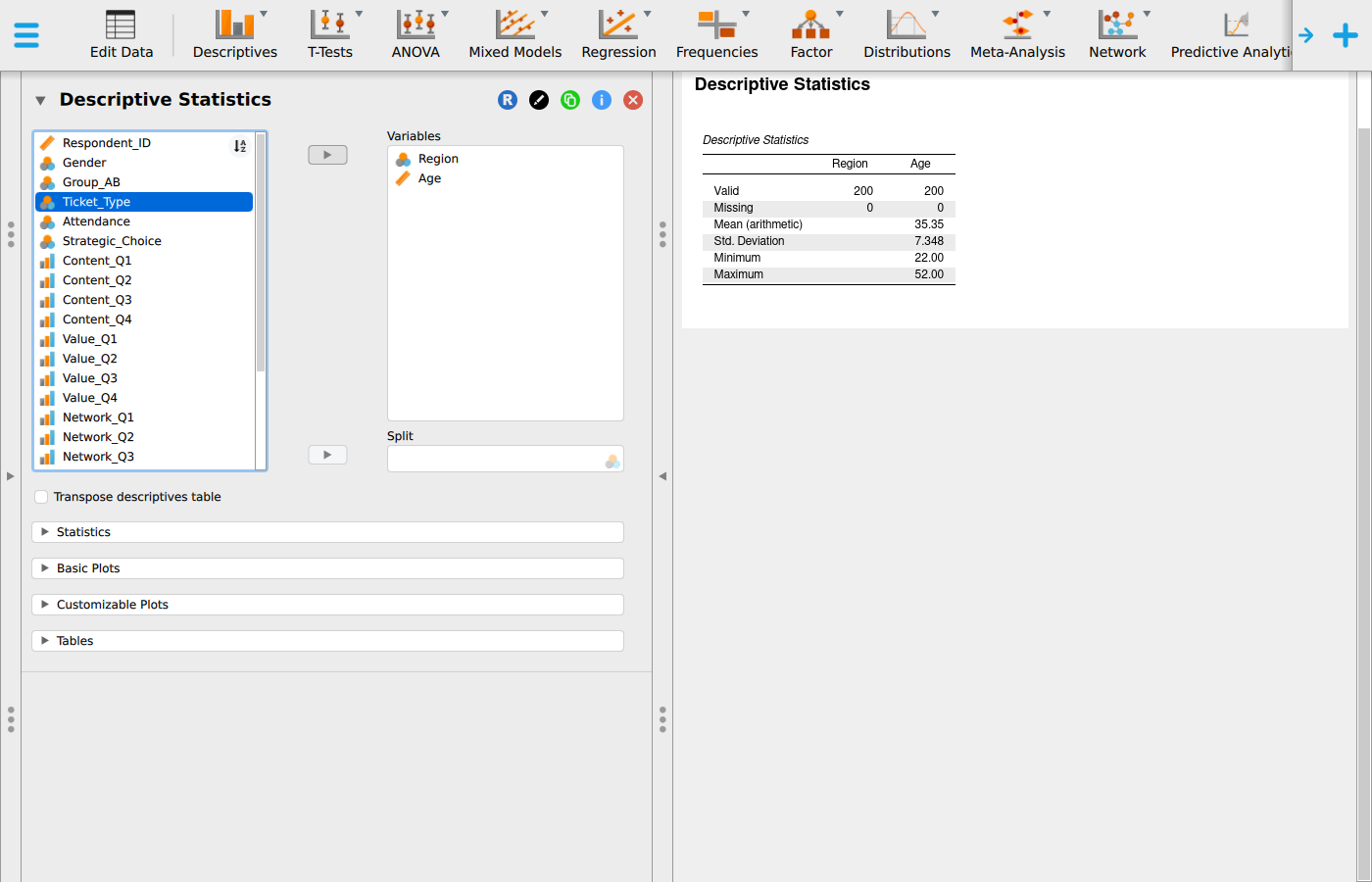 The JASP window. The Descriptive Statistics panel on the left has Region and Age in its Variables box. The output on the right gives a table with valid and missing counts for both, and mean, standard deviation, minimum and maximum for Age.