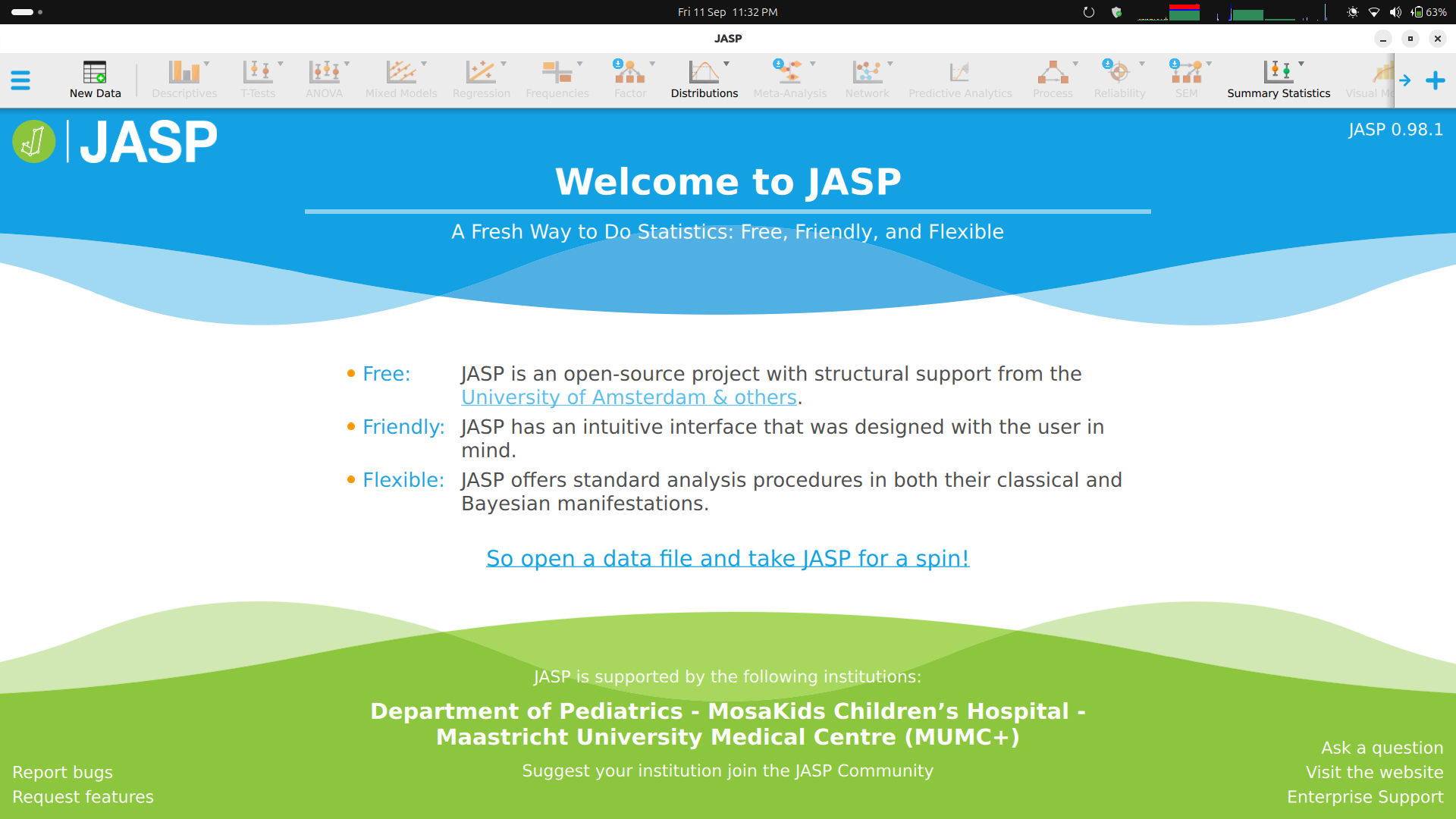 An empty JASP window. The analysis ribbon runs along the top and the data area below it is blank.
