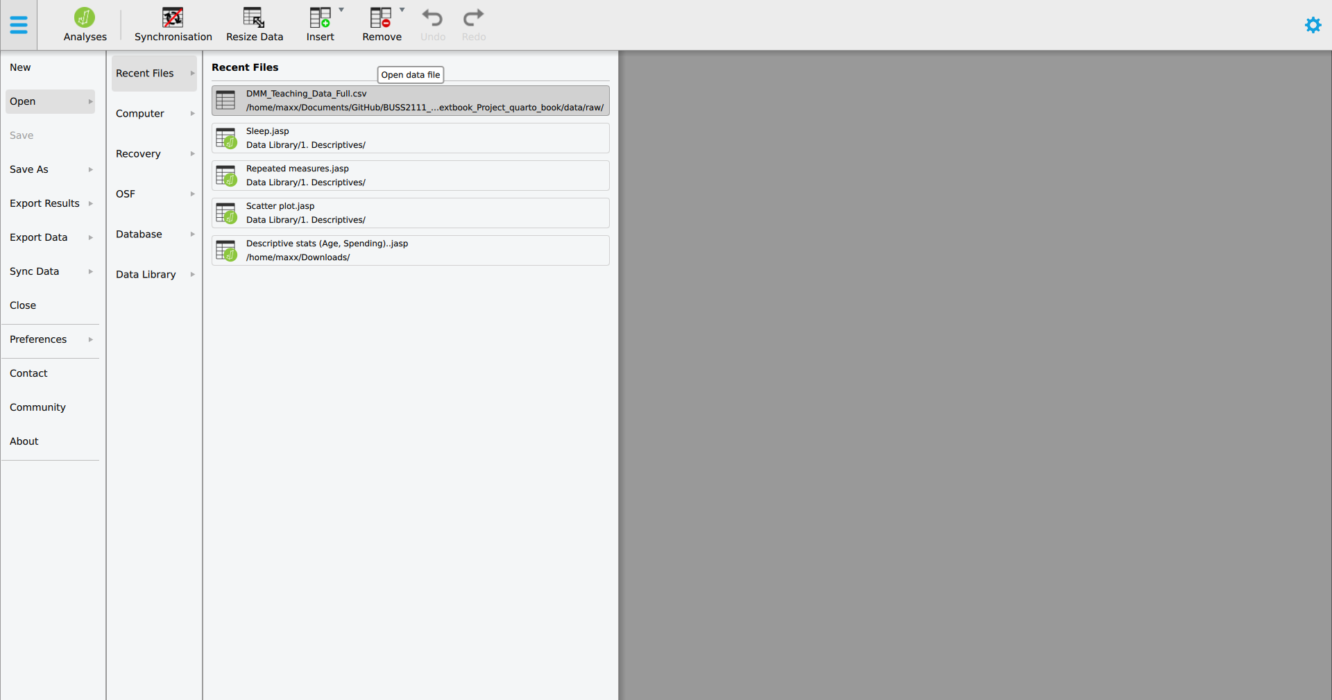 The JASP file menu open at Open, Computer, Browse, with the file dialogue showing DMM_Teaching_Data_Full.csv.