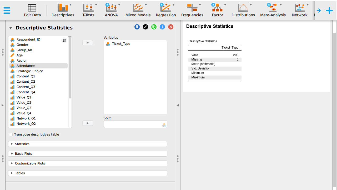 The JASP Descriptive Statistics panel. Ticket_Type has been moved from the left-hand variable list into the Variables box on the right.