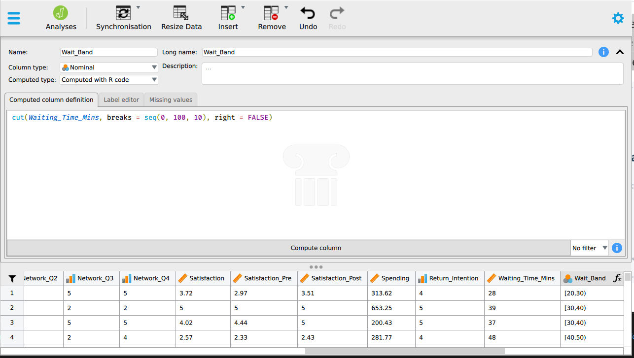 The JASP computed column editor with a formula that cuts Waiting_Time_Mins into ten-minute bands.