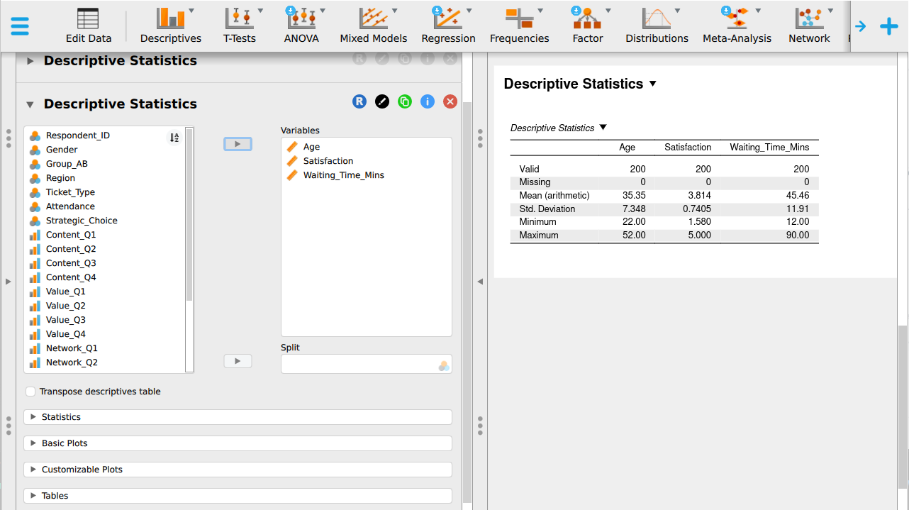 The JASP Descriptive Statistics panel with Age, Satisfaction and Waiting_Time_Mins in the Variables box.