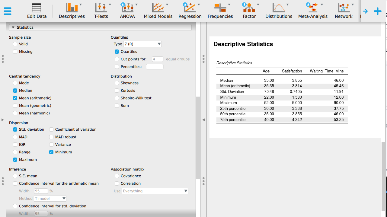 The JASP Statistics section expanded, with mean, median, standard deviation, minimum, maximum and quartiles ticked.