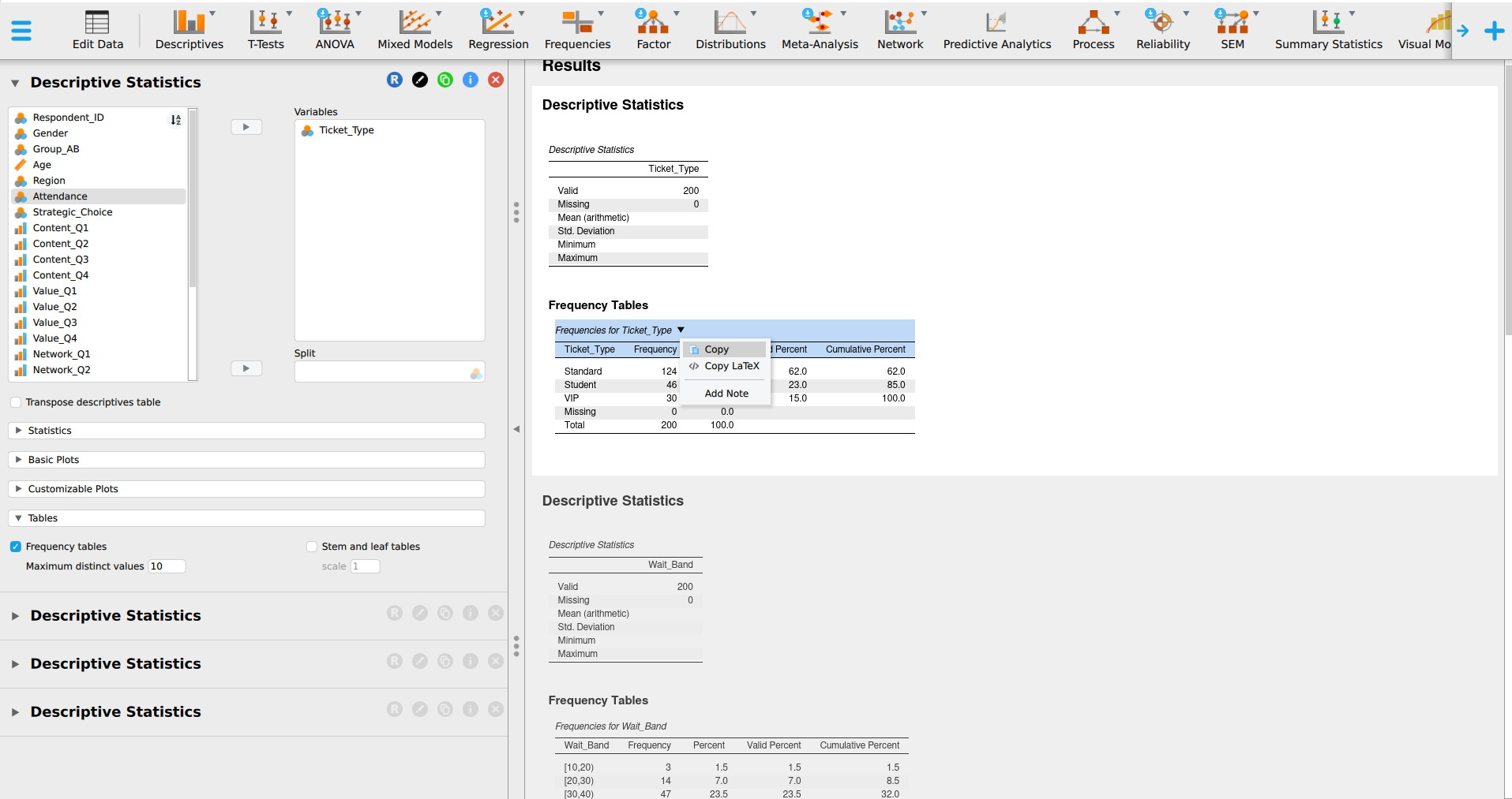 A JASP output table right-clicked, with the copy option highlighted in the menu.