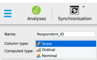 Close view of six JASP column headers for Gender, Region, Ticket_Type, Age, Satisfaction and Waiting_Time_Mins. Each carries a small icon: three circles for nominal, three ascending bars for ordinal, and a ruler for scale.