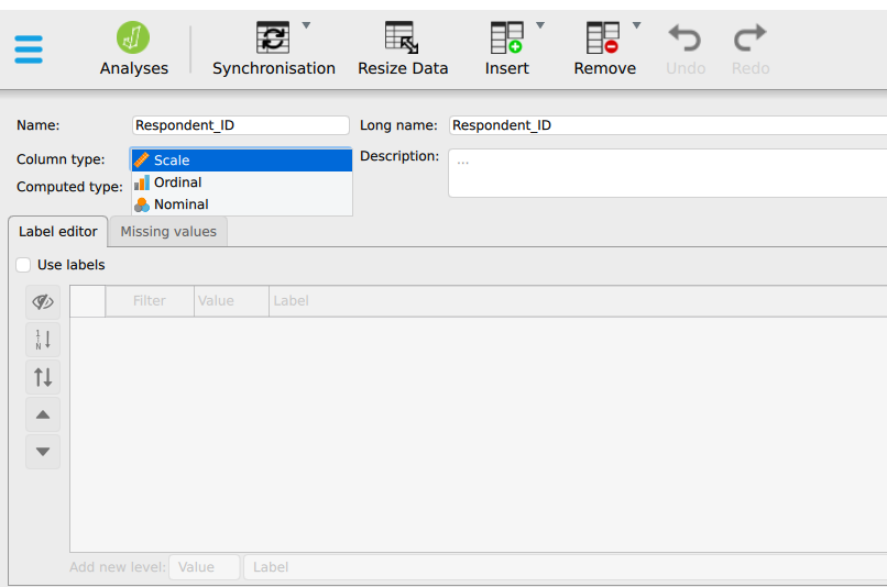 A JASP column header clicked open, with the list of measurement types showing and one of them selected. The nominal entry carries a three-circle icon, ordinal a bar icon, and scale a ruler icon.