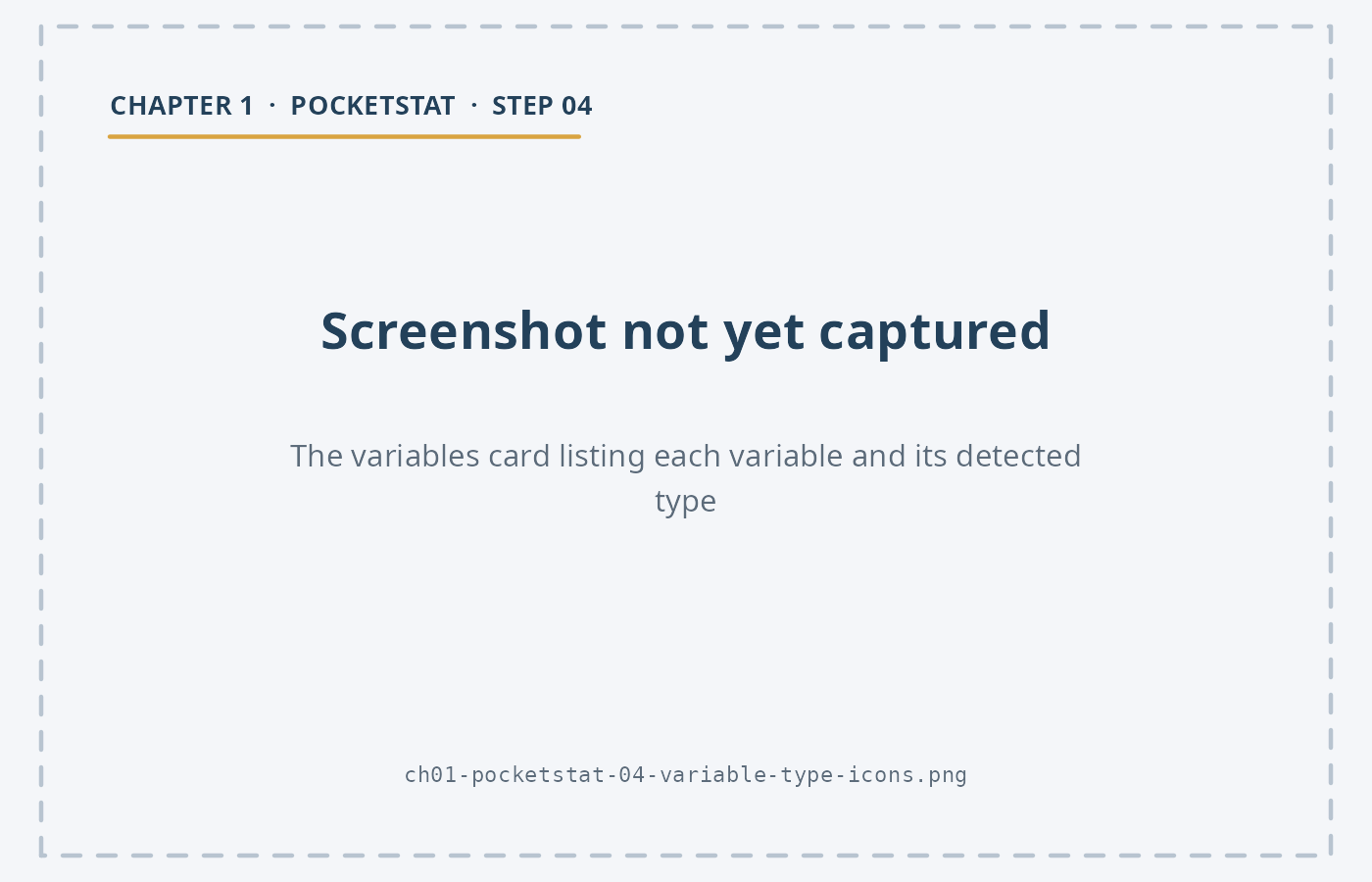 The PocketStat variables card. Each of the 26 variables is listed with the type PocketStat has detected for it.