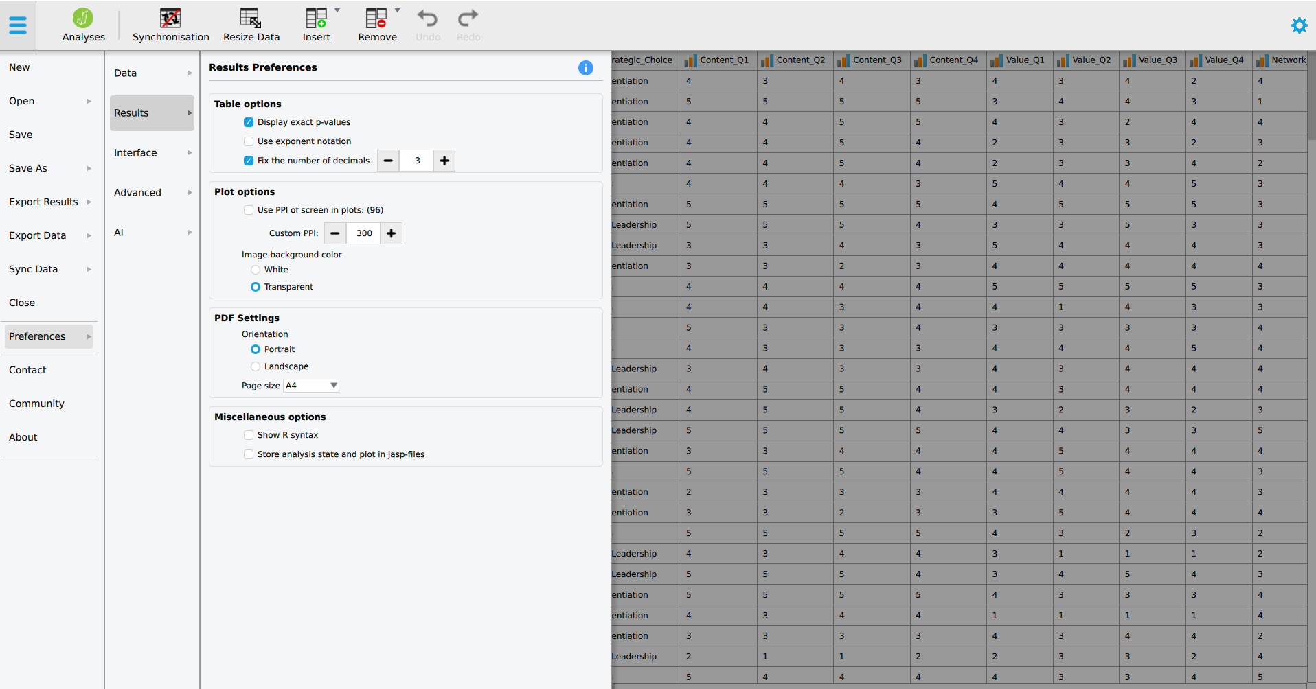 The JASP Preferences window open on the Results page. The option Fix the number of decimals is ticked and set to 3, and Display exact p-values is ticked.