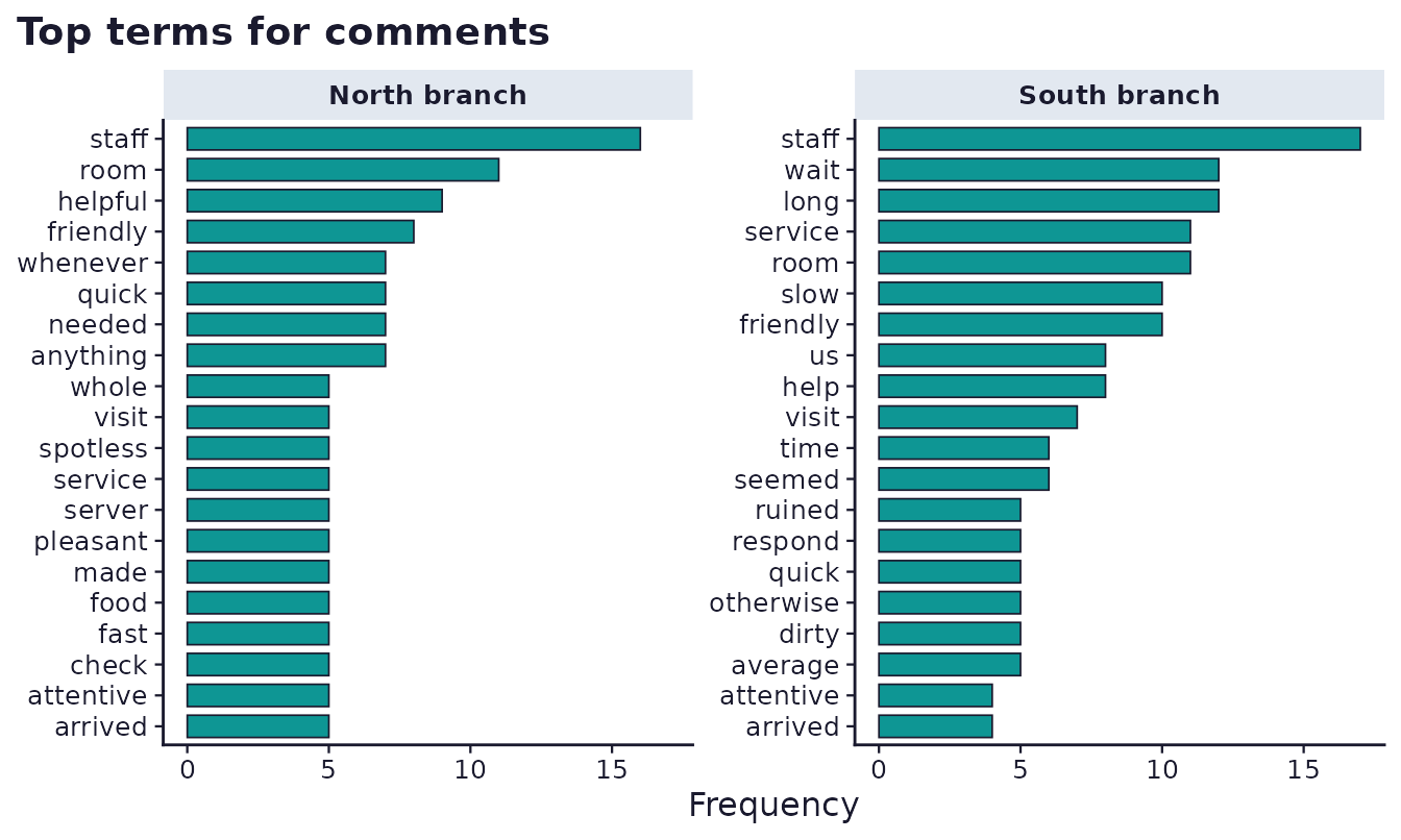 Two side-by-side bar charts of the most frequent terms, one for the north branch and one for the south branch.